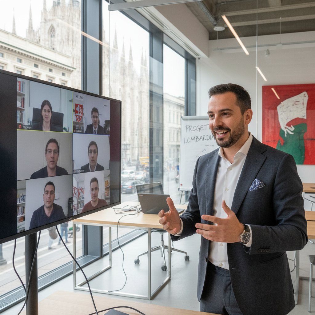 Polak na wideokonferencji mówiący po włosku do zespołu z Mediolanu, dynamiczne biuro