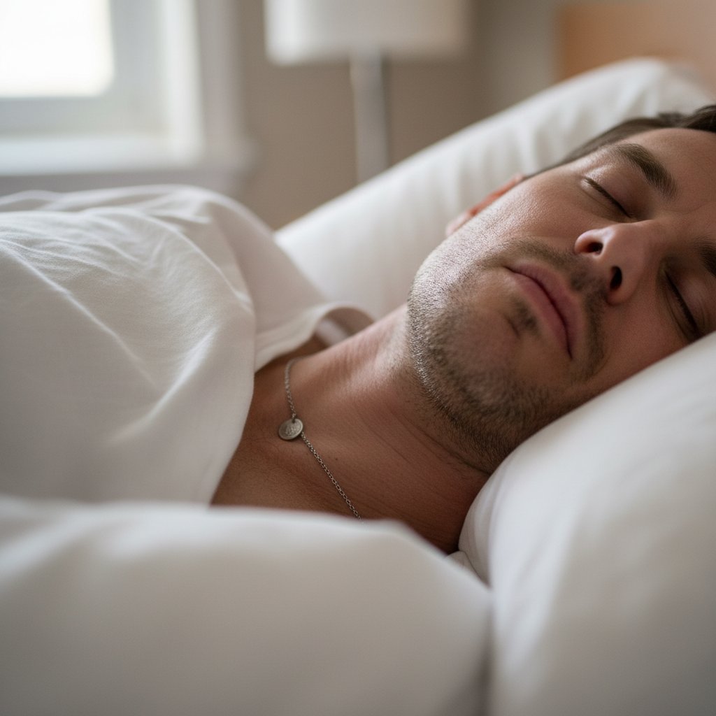 Polski mężczyzna z dużym obwodem szyi siedzi wieczorem na łóżku, zmęczony, z zamkniętymi oczami