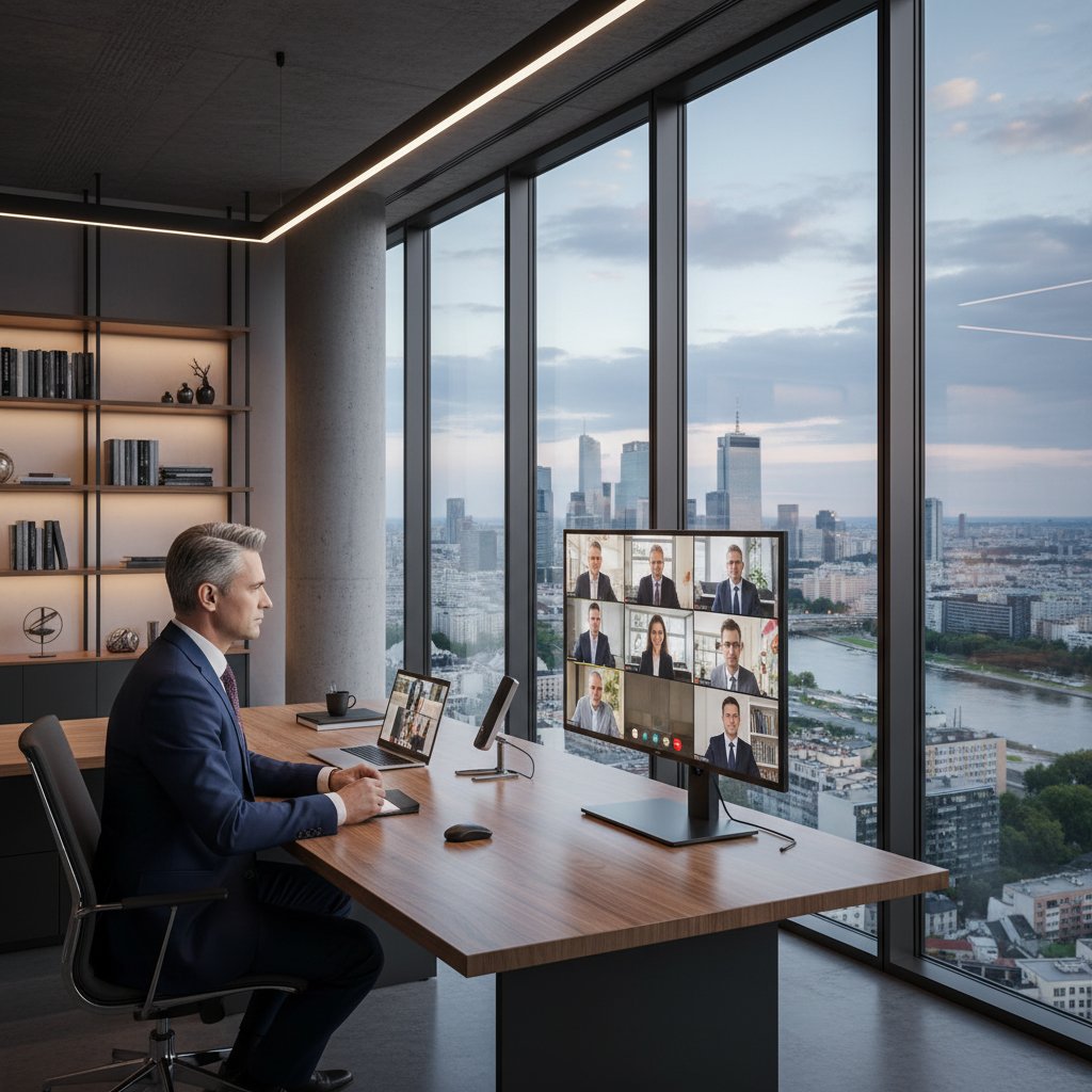 Polski menedżer podczas wideokonferencji biznesowej, nowoczesne biuro, ekran z angielskimi frazami biznesowymi, widok na panoramę miasta