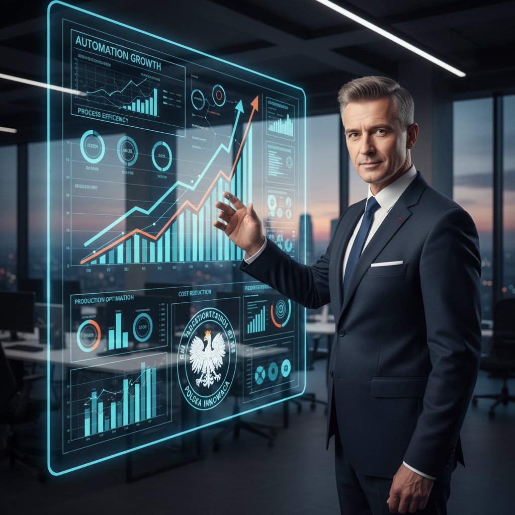 Szef polskiego zespołu przy tablicy z wykresem ilustrującym wzrost automatyzacji raportów