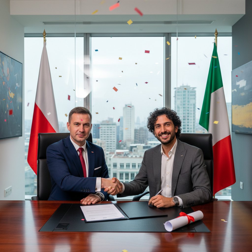 Polska menadżerka podczas podpisywania kontraktu z włoskim partnerem, uśmiech, sukces, biuro, włoska flaga