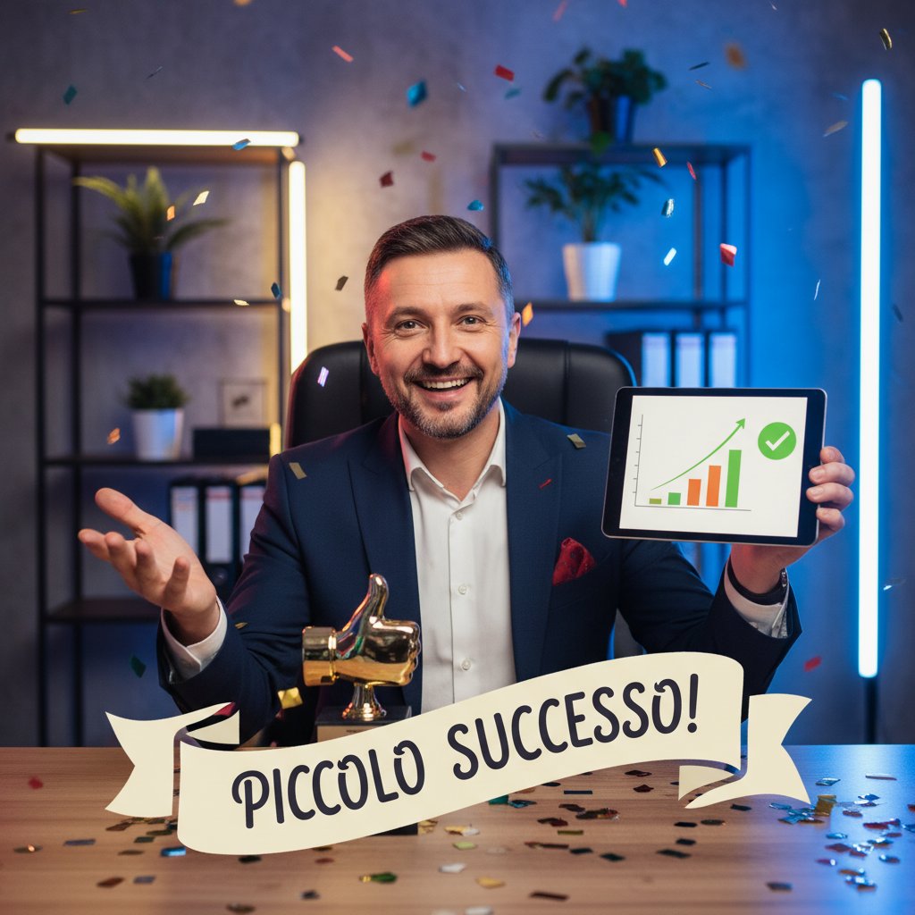 Polska menadżerka świętuje mały sukces po udanej rozmowie po włosku, biuro, radość, kolorowe światło