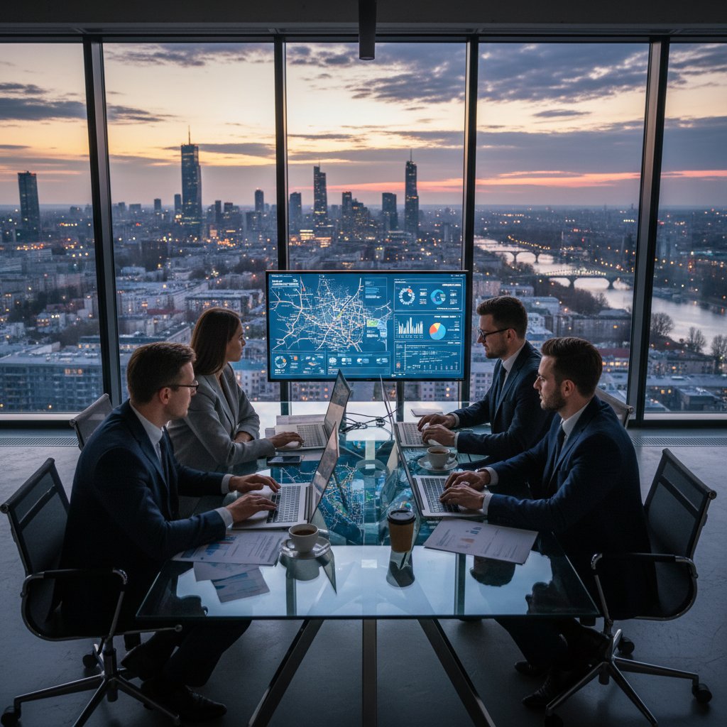 Zespół młodych polskich menedżerów analizujący dane inwestycyjne na tle panoramy miasta