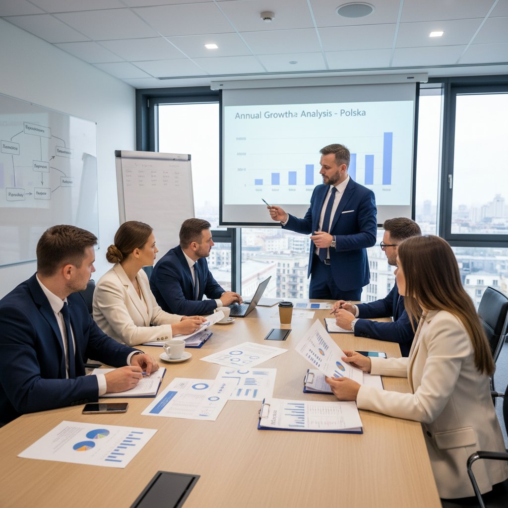 Polscy menedżerowie analizują raporty case study podczas konferencji