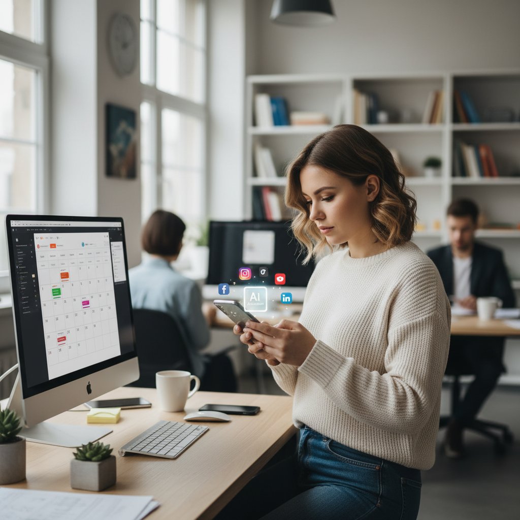 Polski marketer korzystający z AI do planowania postów w biurze, ekran telefonu z panelami social media