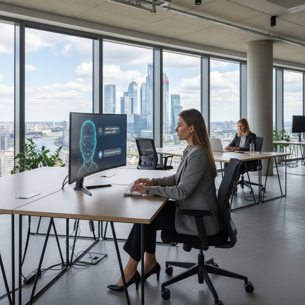 Polski marketer konsultuje strategię SEO z chatbotem AI w biurze