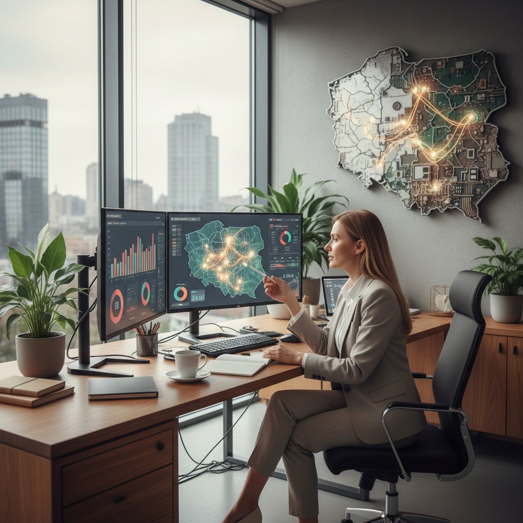 Polski marketer analizujący dane AI, biuro z elementami technologii i mapą Polski