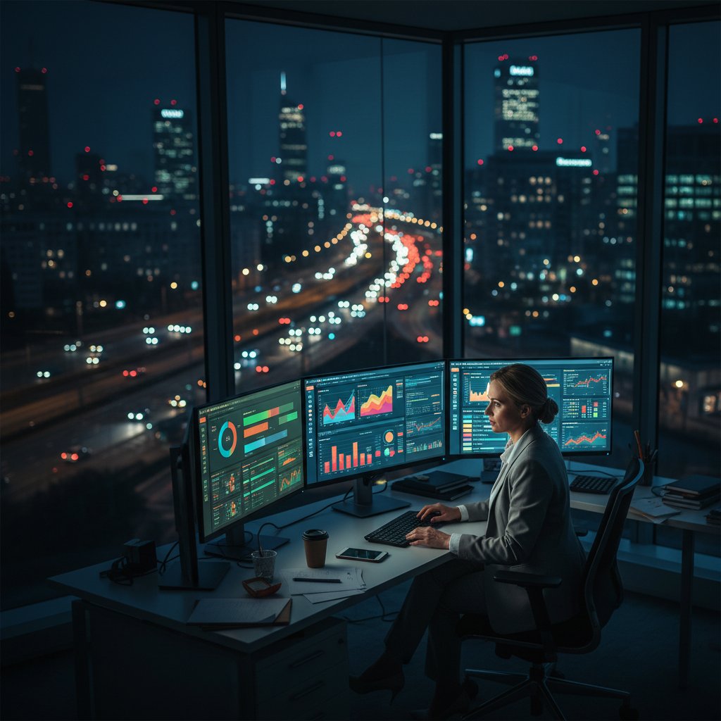 Polski marketer analizujący dashboardy automatyzacji marketingu na wielu ekranach