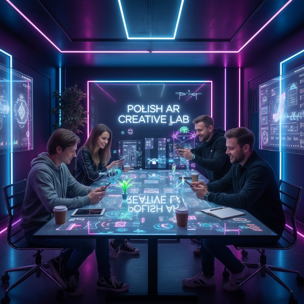 Zespół marketingowy testujący treści AR na smartfonach