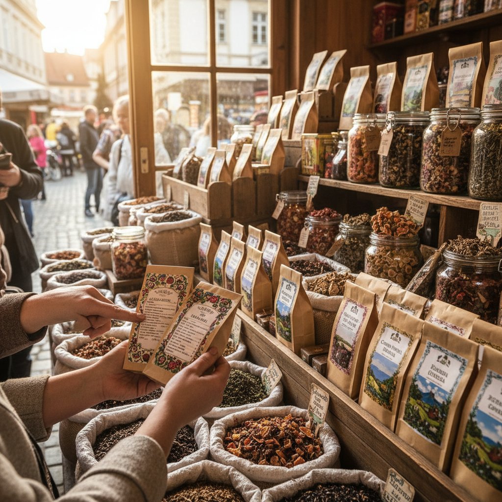 Polski rynek z różnymi herbatami, ręce porównujące etykiety