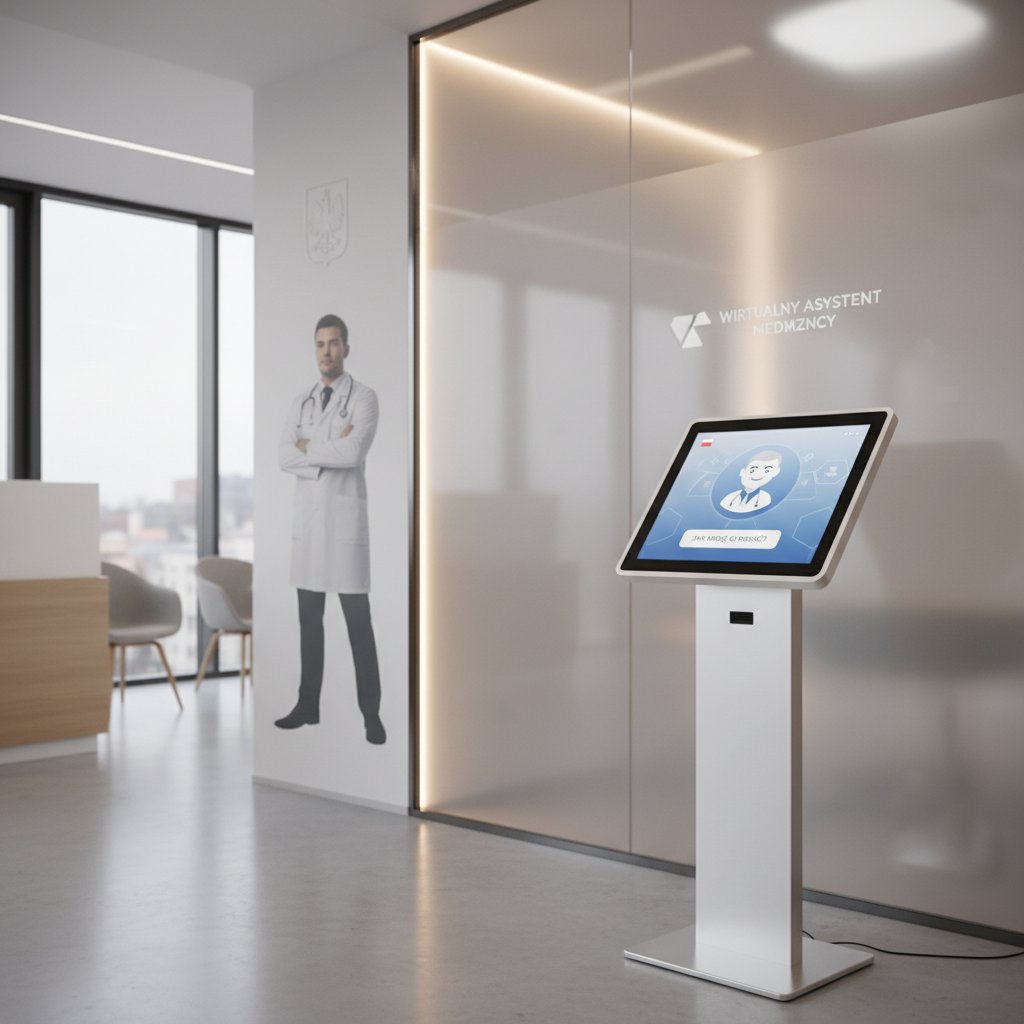 Polski gabinet lekarski z cyfrowym chatbotem na ekranie i sylwetką lekarza