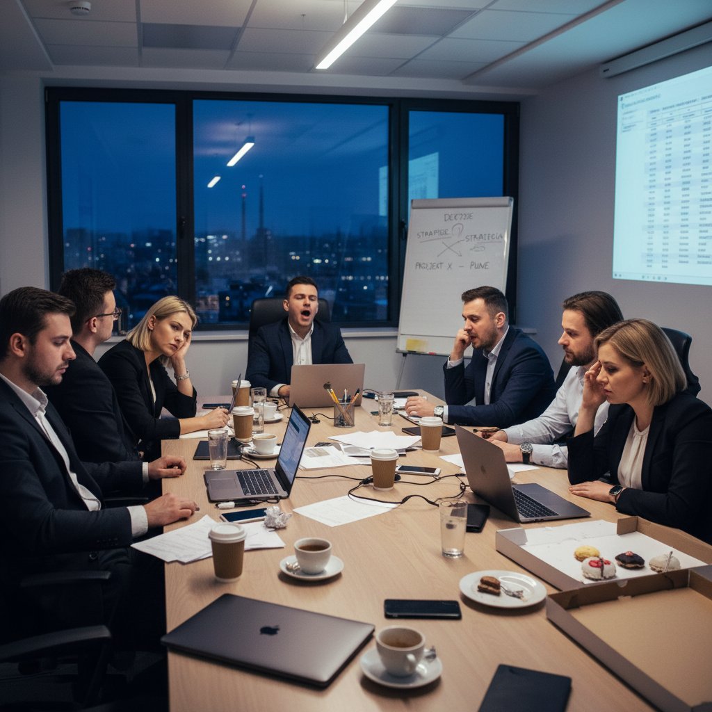 Zespół siedzący wokół stołu, część znużona, część rozproszona telefonami – polska kultura spotkań