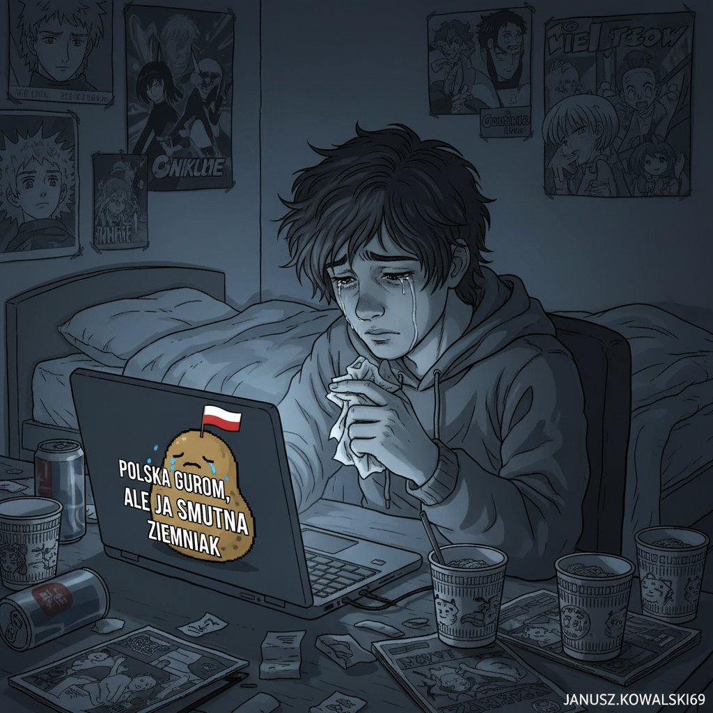 Polski mem o smutku na tle laptopa, młoda osoba uśmiecha się przez łzy