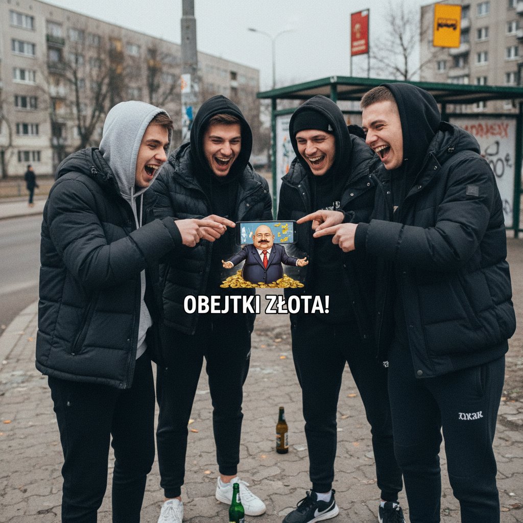 Polski mem w rozmowie online – grupa młodych ludzi śmieje się z telefonu na tle miejskiej sceny