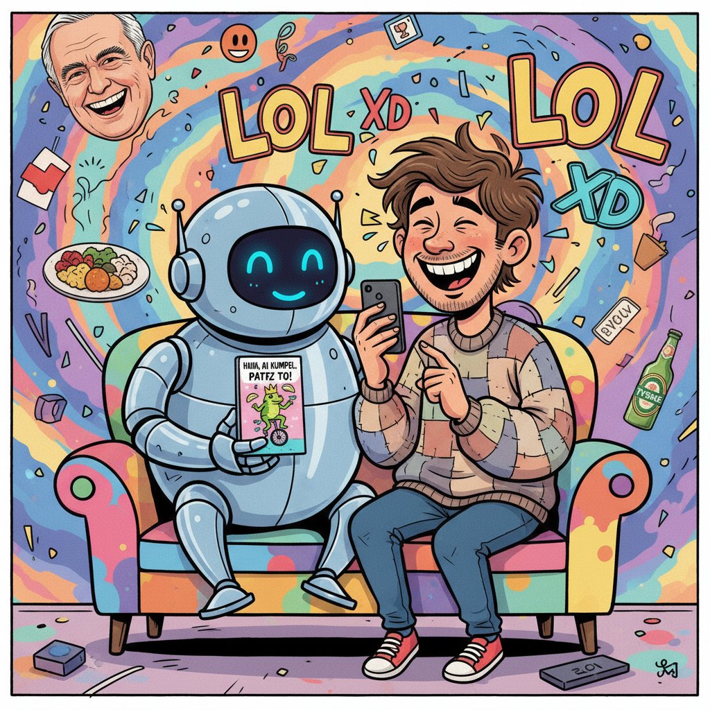Meme z AI kumplem i człowiekiem żartującym online.