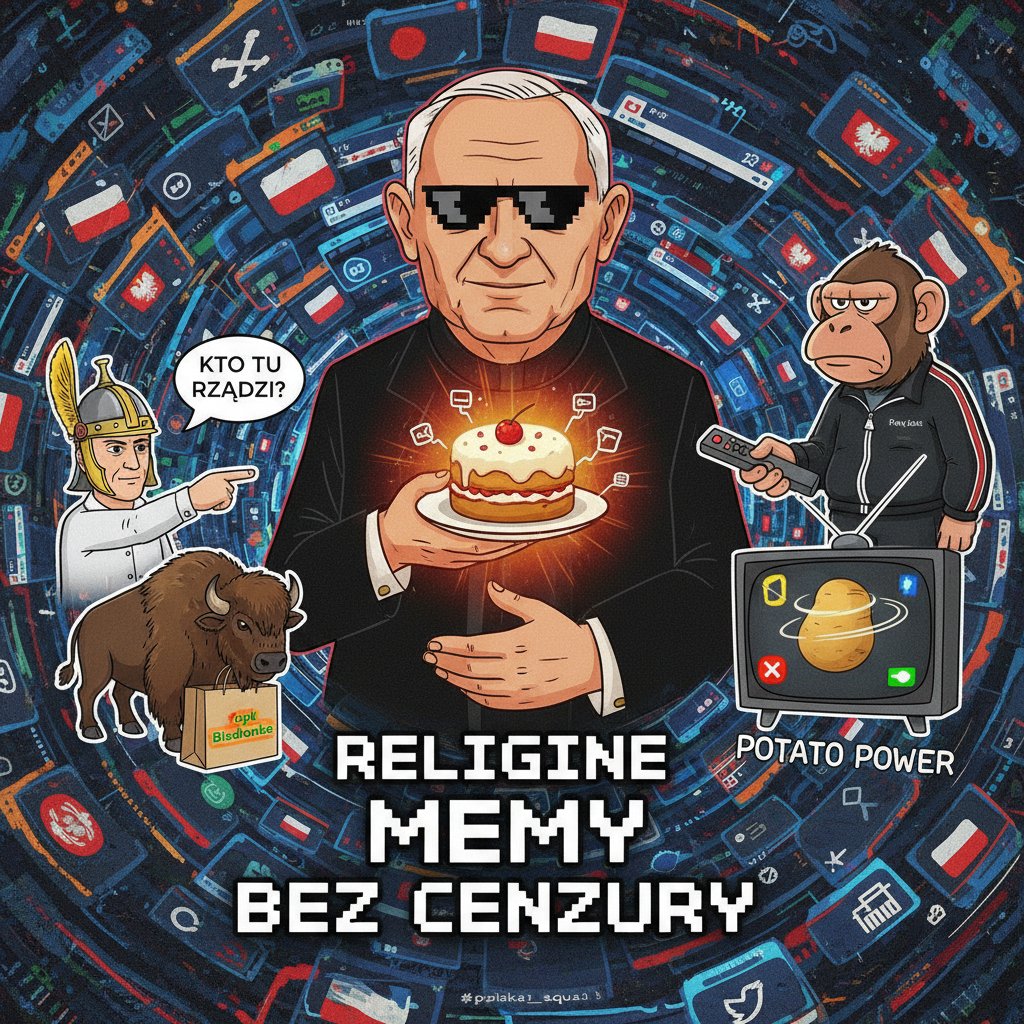 Polskie memy inspirowane przez AI, kolaż z elementami charakterystycznymi dla polskiej kultury internetowej