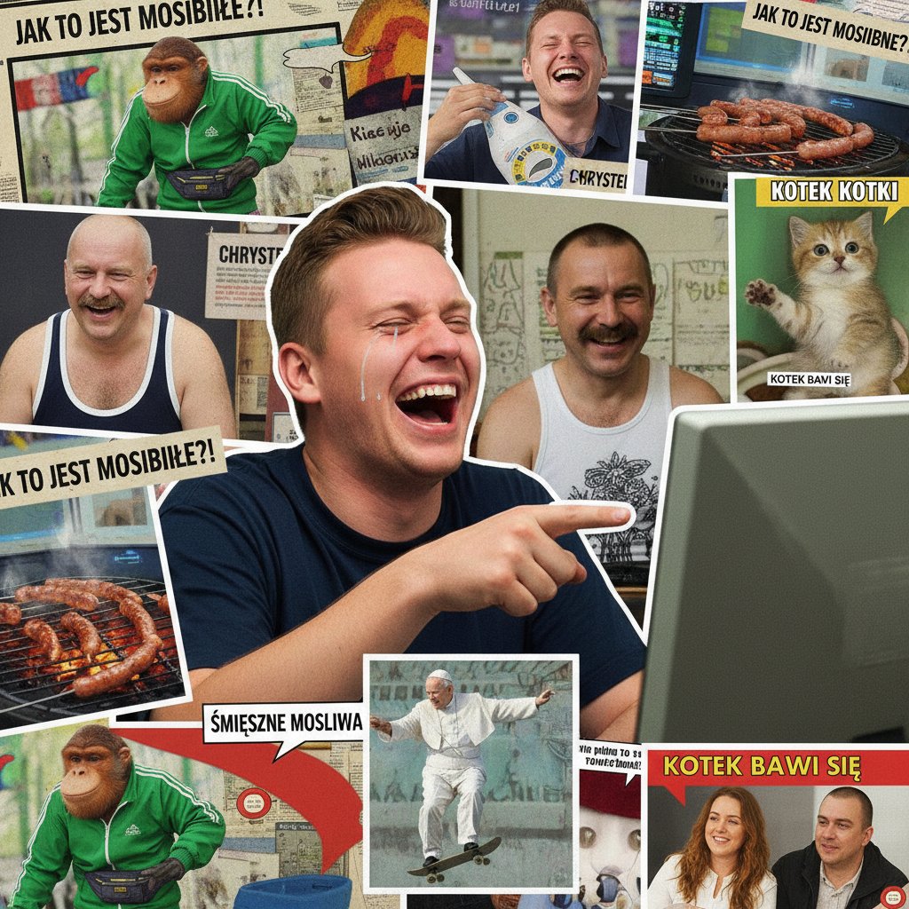 Kolaż popularnych polskich memów i śmiejących się osób