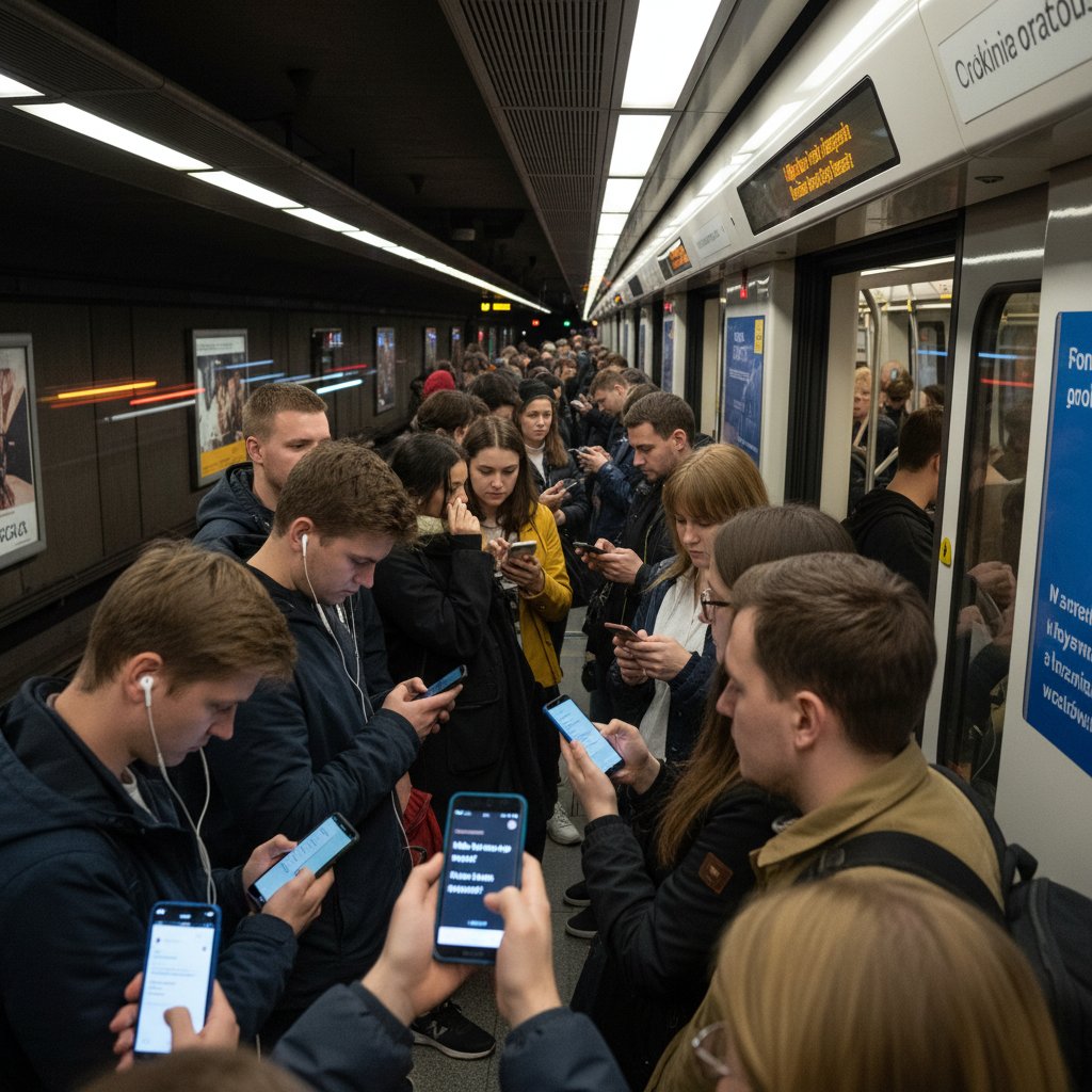 Polacy uczący się angielskiego w metrze, z telefonami w rękach, nowoczesna sceneria, tłum