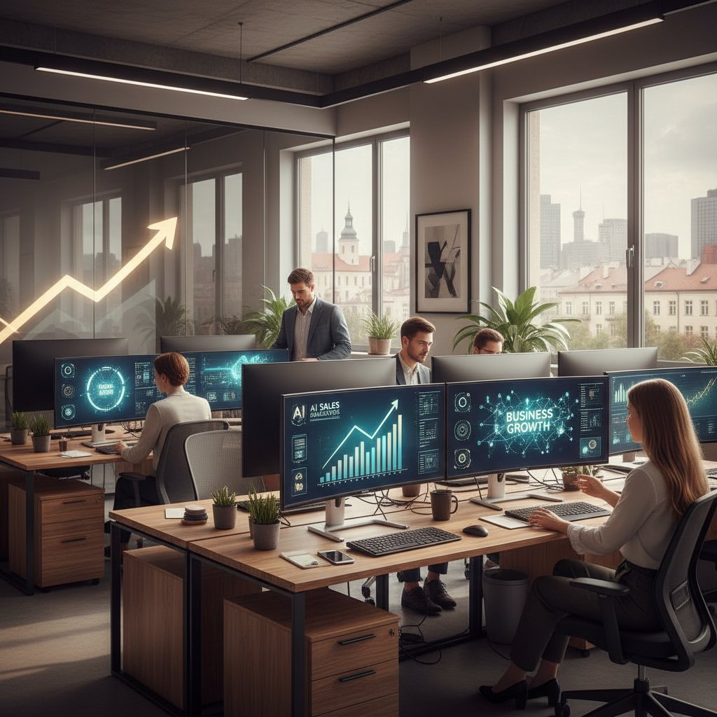 Nowoczesne biuro z wieloma ekranami prezentującymi analitykę sprzedażową AI