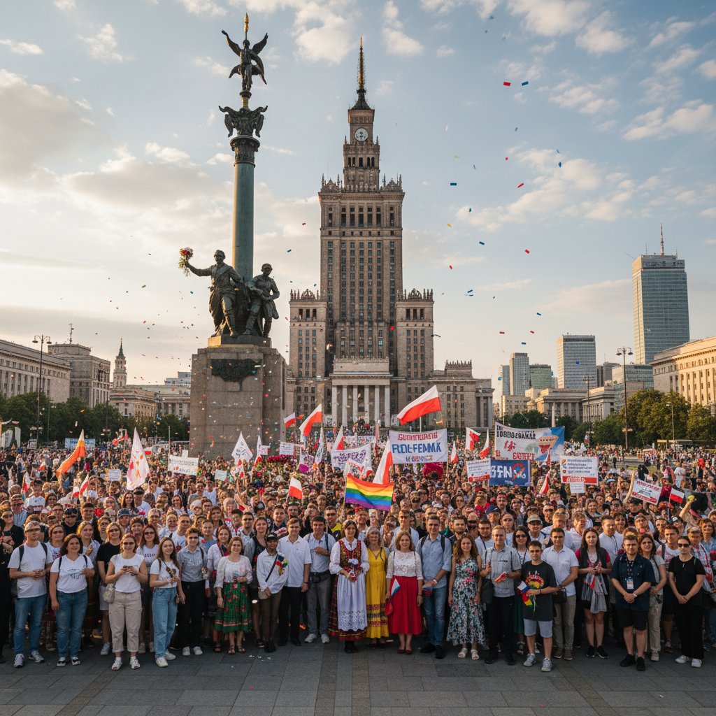 Tłum turystów na tle zabytkowego miasta w Polsce, różnorodność ludzi i emocji