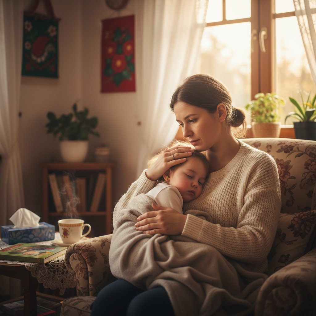 Matka opiekująca się dzieckiem z przeziębieniem