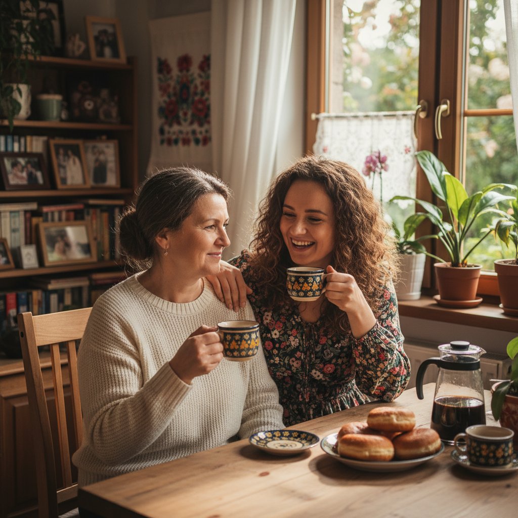 Dwie pokolenia kobiet, matka i córka, rozmawiające przy kawie w domu