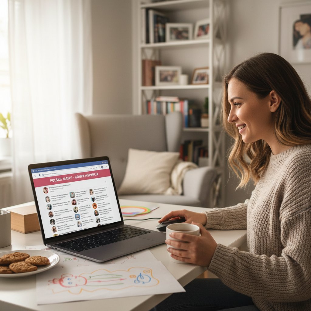 Polska mama moderująca grupę na Facebooku dla młodych mam, komputer, atmosfera zaangażowania