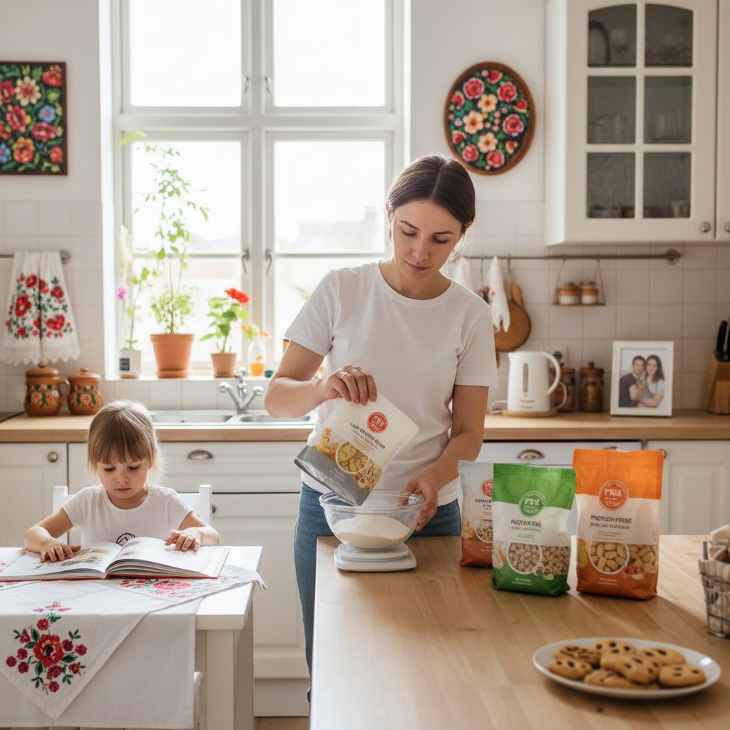 Polska matka waży na wadze kuchennej niskobiałkowy produkt PKU, kuchnia domowa, naturalne światło