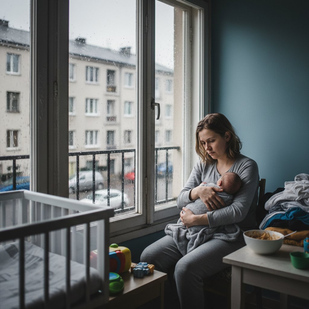 Zdjęcie samotnej kobiety po porodzie, siedzącej w półmroku, symbolizujące depresję poporodową