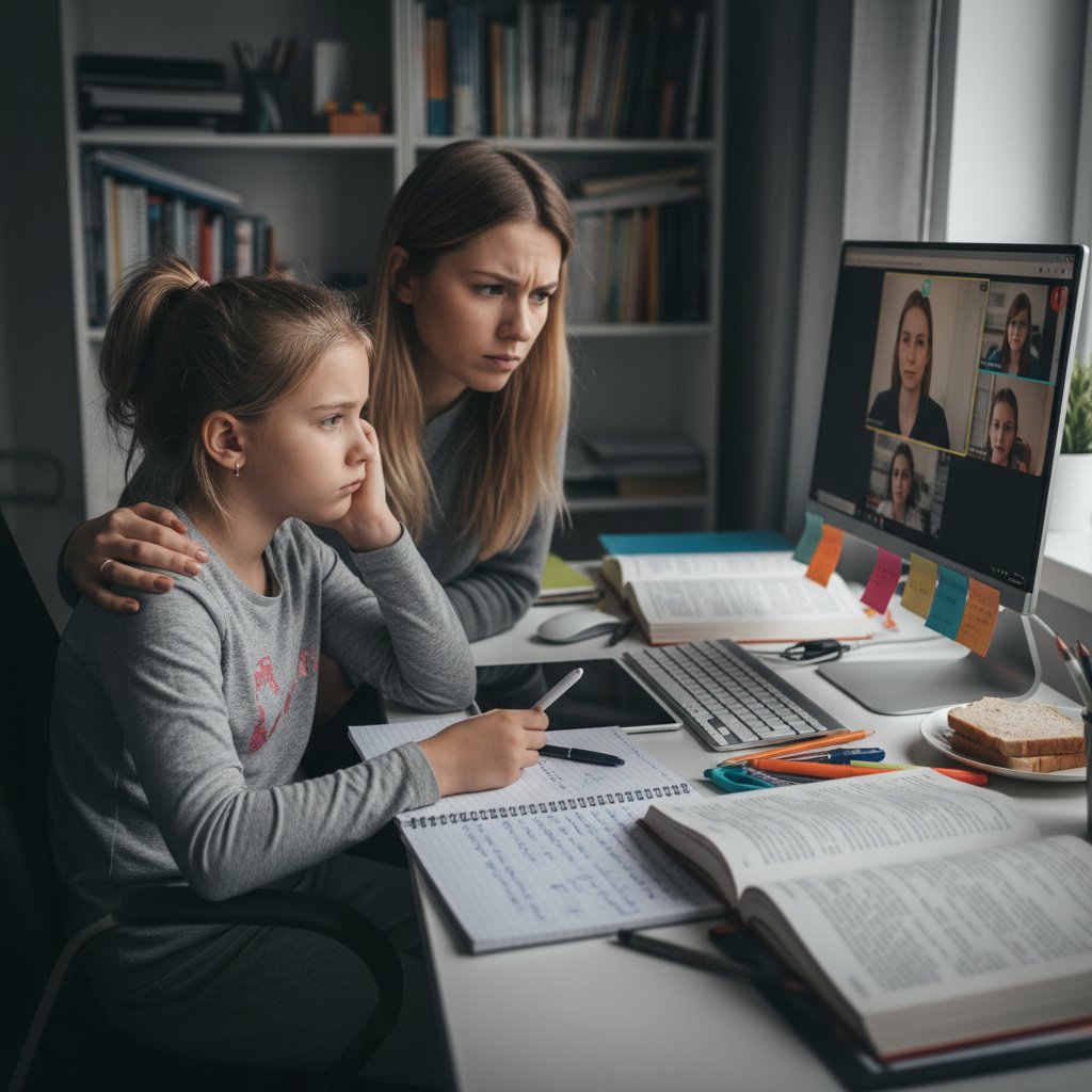 Polska mama obserwująca syna niezadowolonego z lekcji online, w tle komputer i zeszyty szkolne