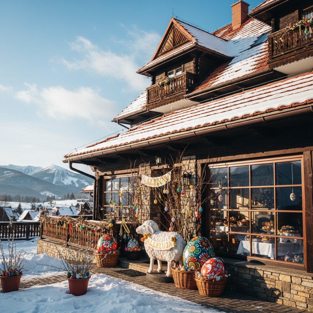 Widok na hotel w polskich górach, dekoracje wielkanocne