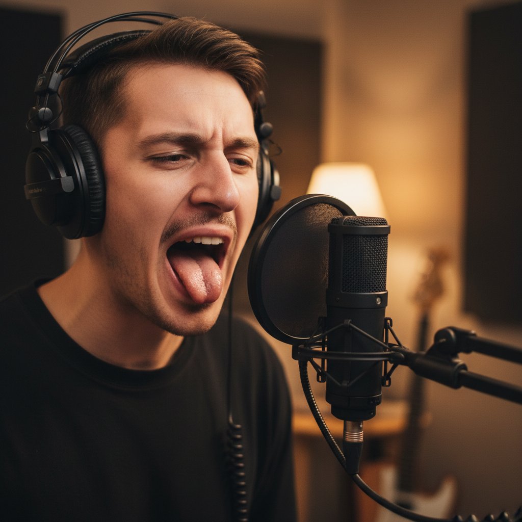 Zbliżenie na usta Polaka ćwiczącego francuski dźwięk nosowy, słuchawki, mikrofon, notatki