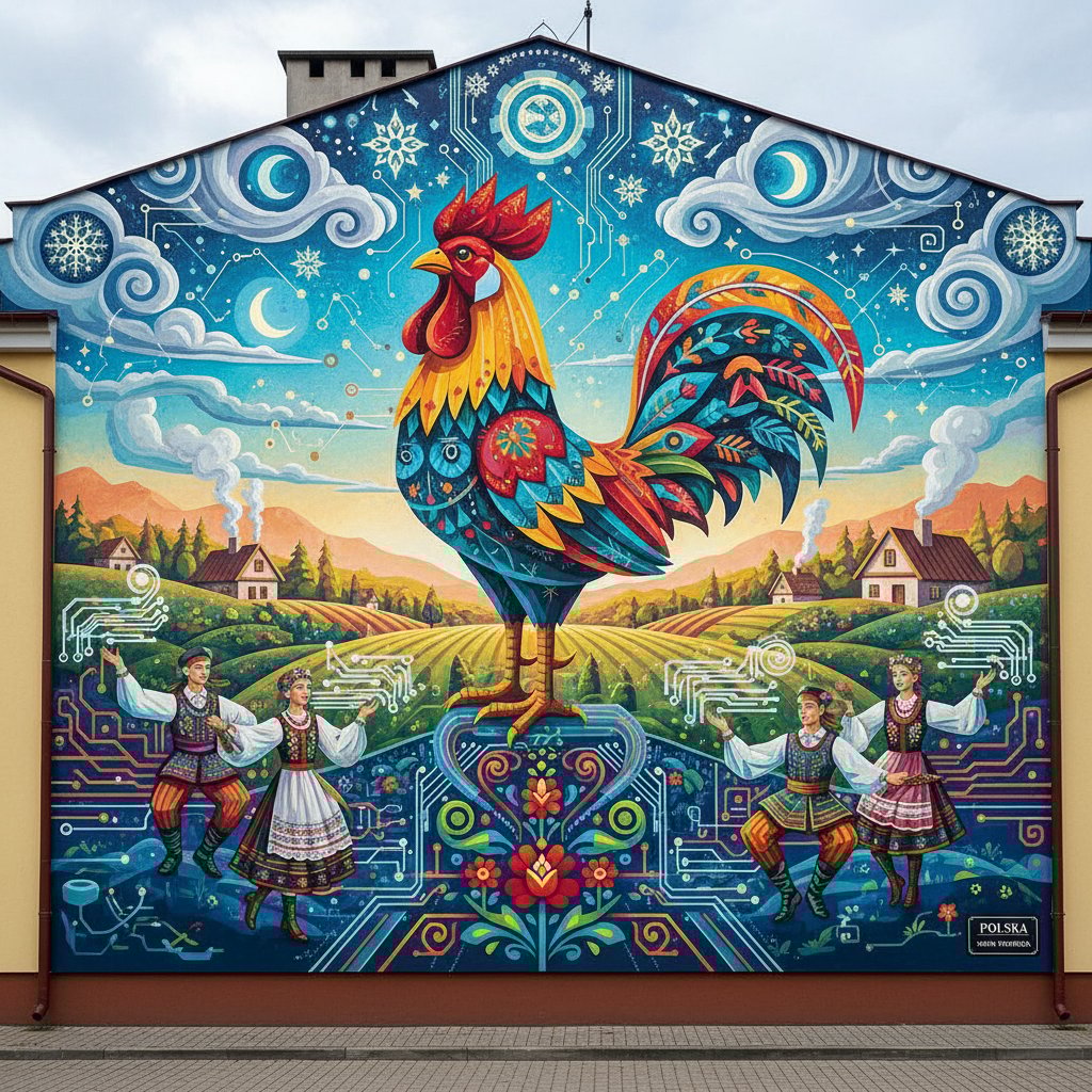 Polski mural łączący sztukę ludową z cyfrowymi motywami, symbolizujący przenikanie kultury i technologii w Polsce