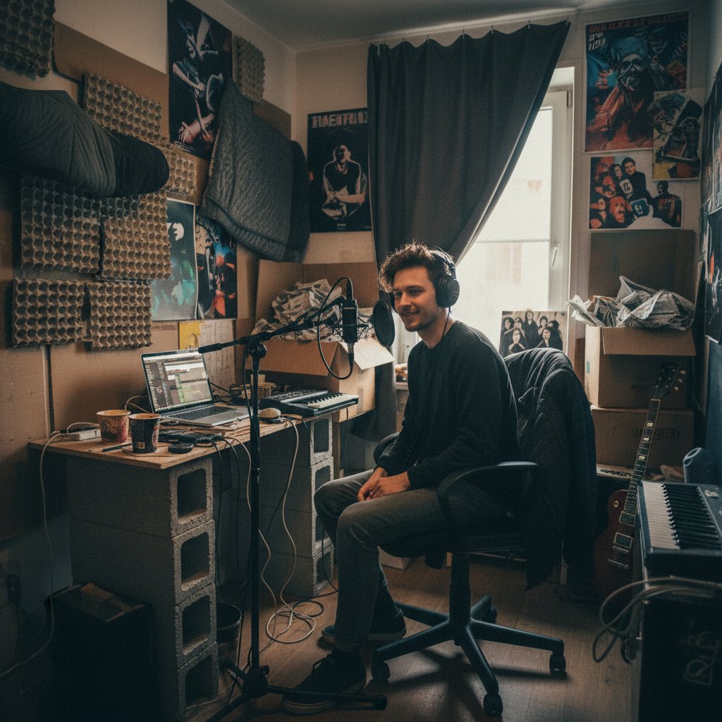 Polski muzyk walczący z akustyką mieszkania podczas nauki online, skromne warunki