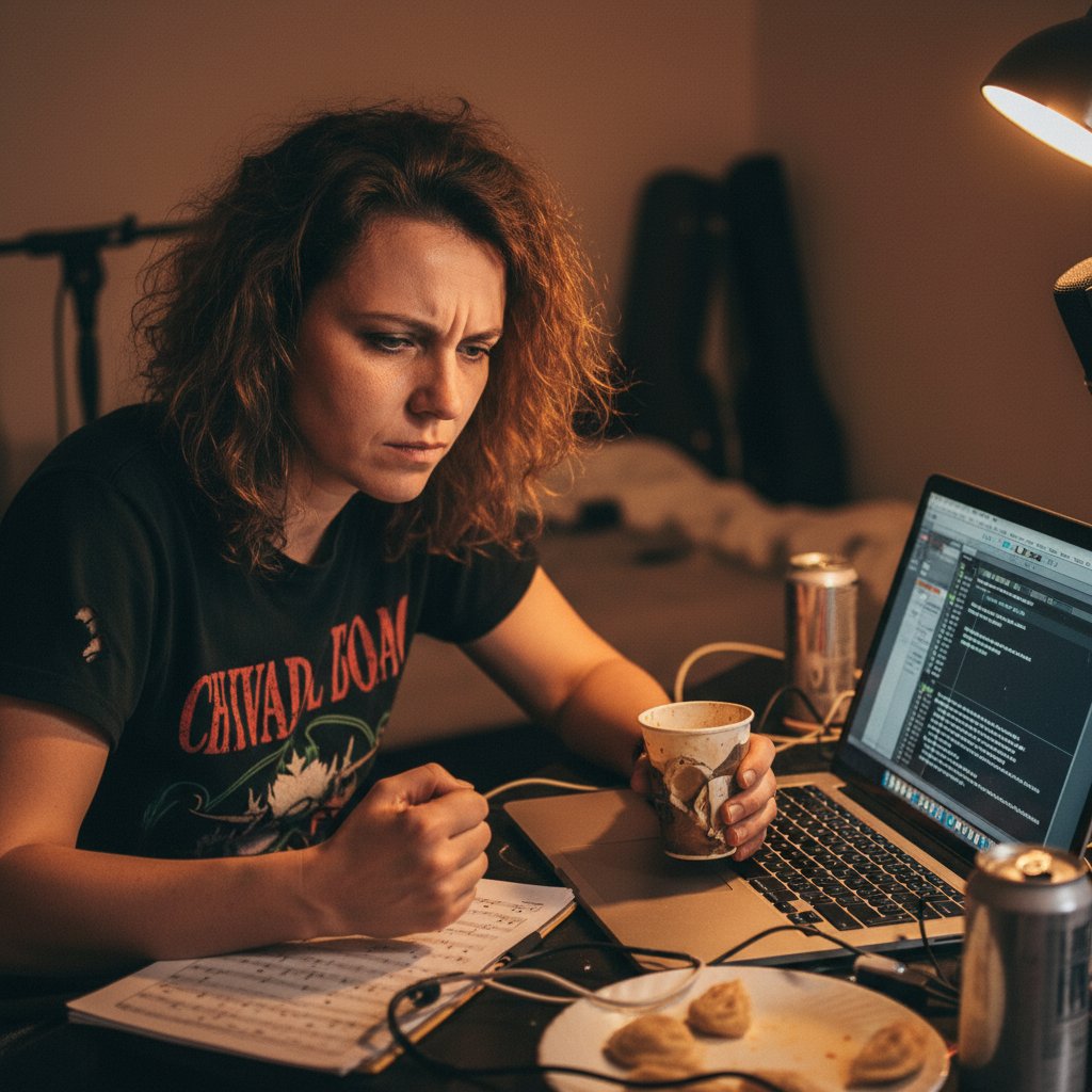 Polski muzyk patrzący w ekran laptopa z wyrazem zmęczenia i frustracji