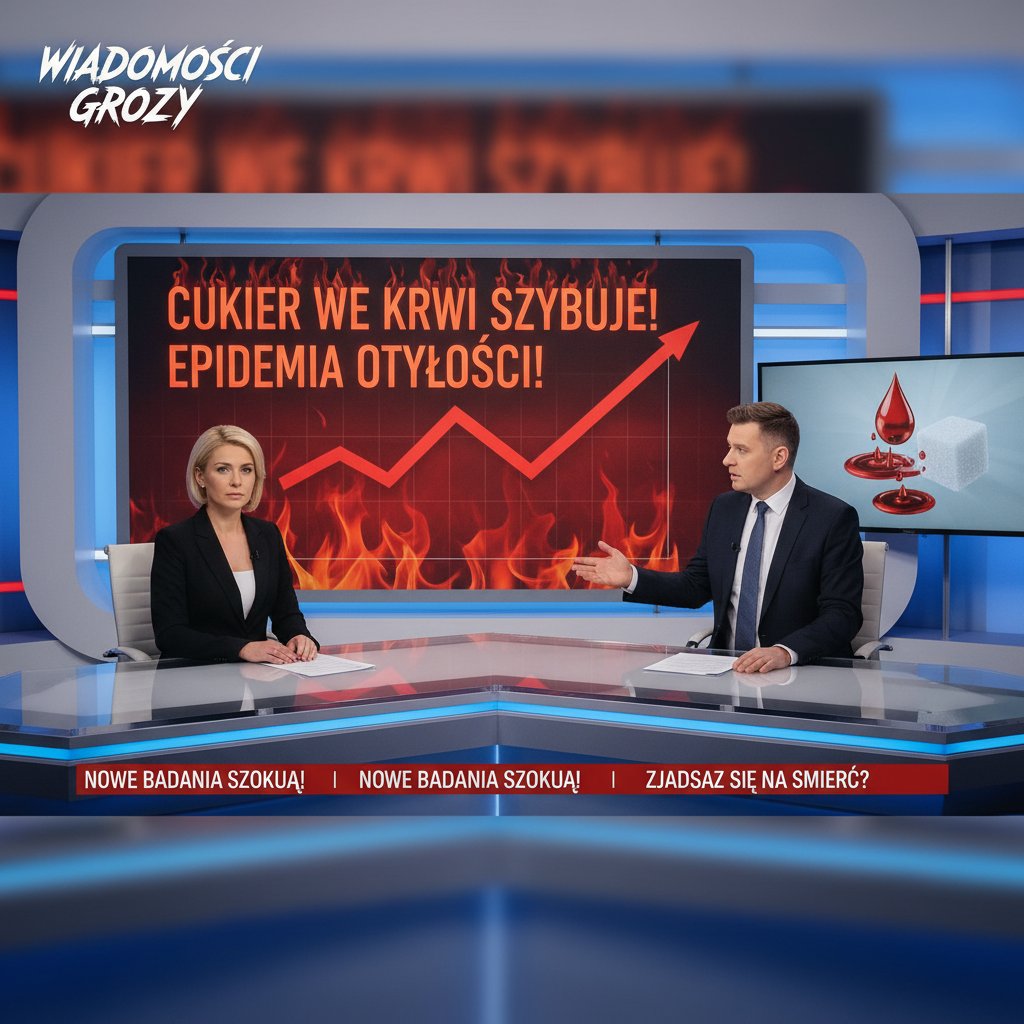 Nagłówki medialne o podwyższonym poziomie cukru w Polsce – telewizja śniadaniowa, gazeta, telefon z aplikacją do pomiaru