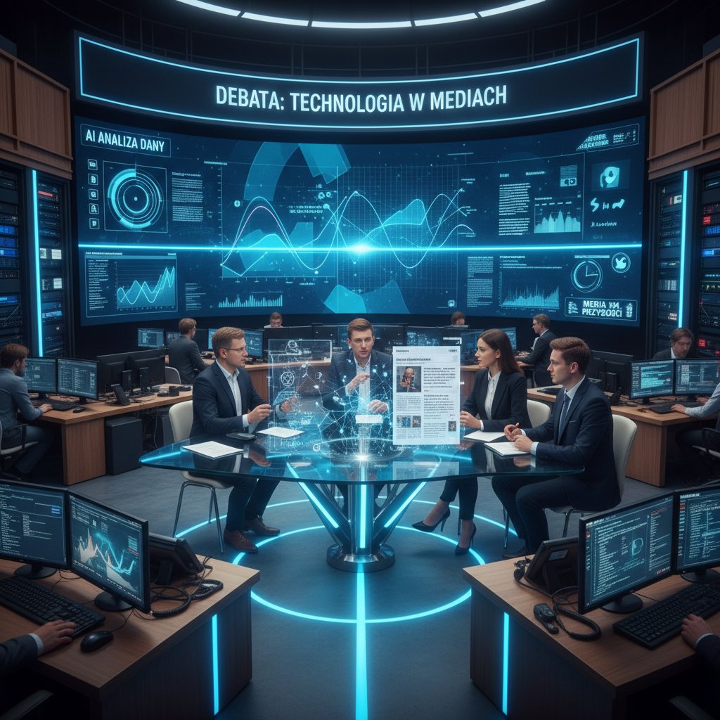Polska redakcja, dziennikarze analizujący newsy na temat AI – atmosfera debaty, technologia w mediach