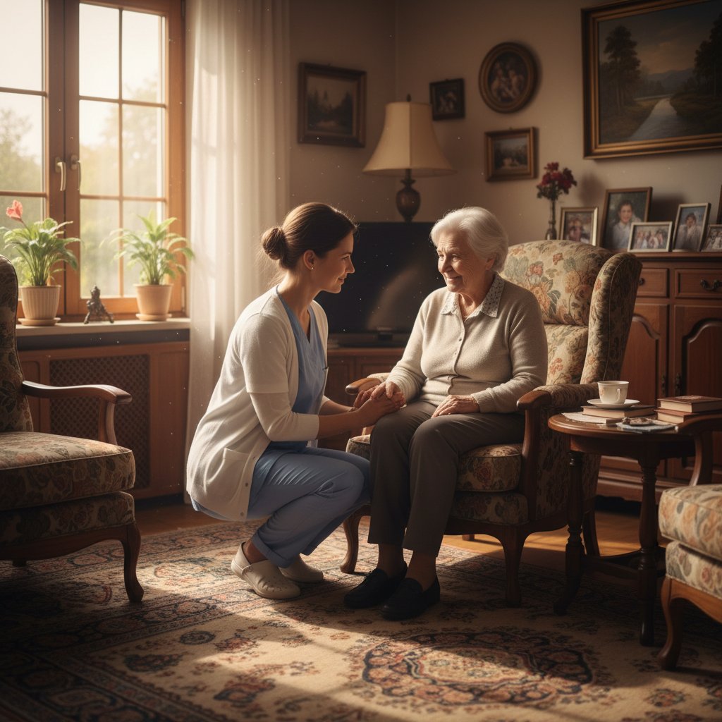 Pielęgniarka opiekująca się starszym pacjentem w domowym wnętrzu, promienie słońca padają przez okno, pełne napięcia emocjonalnego