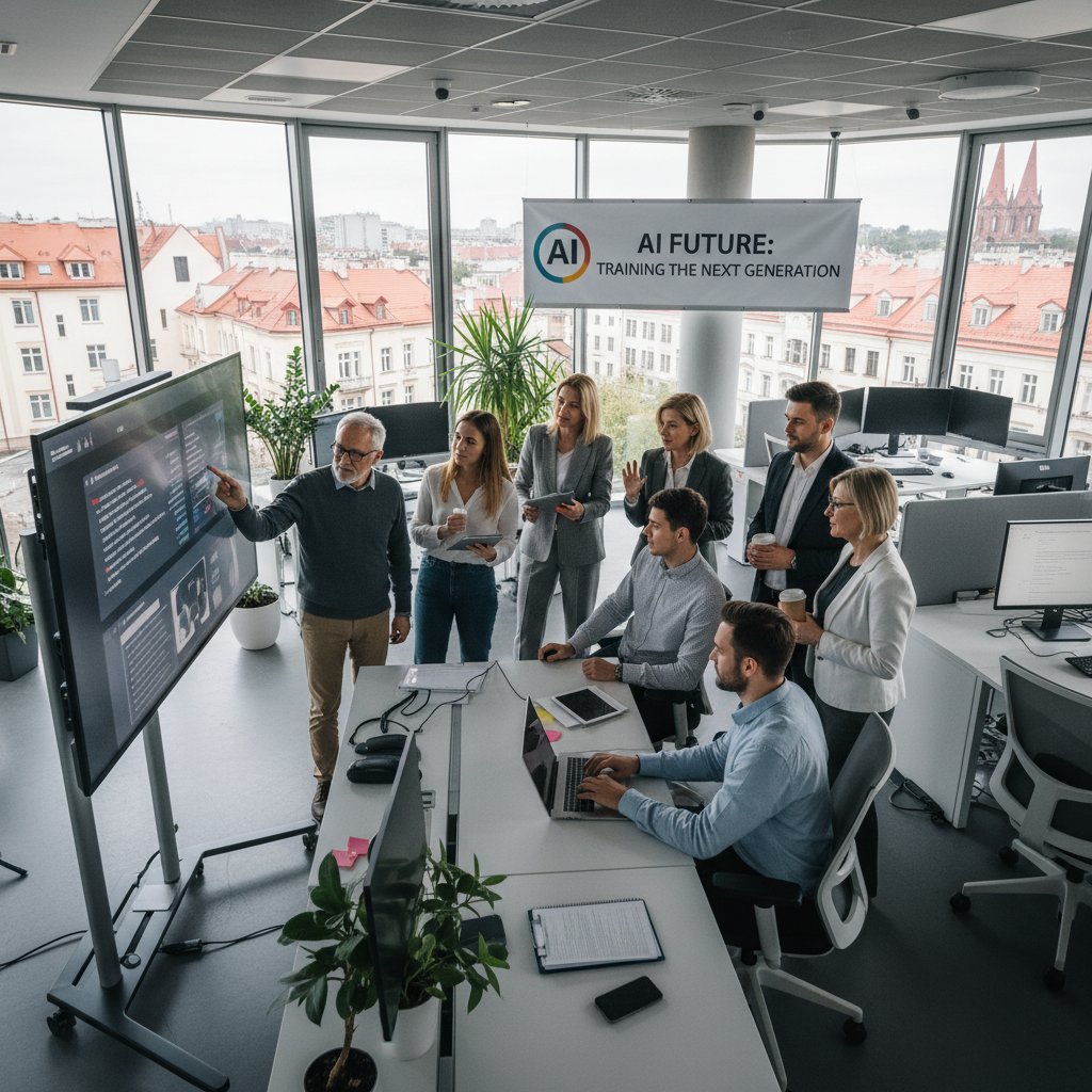 Szkolenie z AI w polskiej firmie – pracownicy różnych pokoleń uczą się współpracy z maszynami