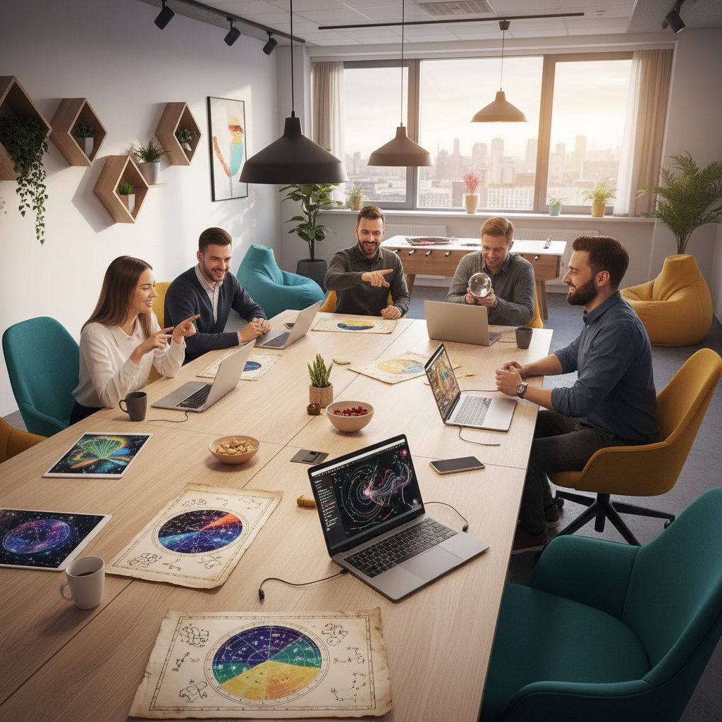 Polskie biuro, współpracownicy omawiają wykresy astrologiczne na laptopach, nowoczesny wystrój, swobodna atmosfera