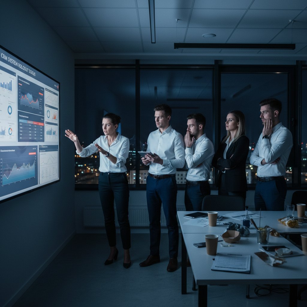 Zespół projektowy analizujący ekran CRM w biurze wieczorem, napięcie i zaangażowanie na twarzach, słowa kluczowe: wdrożenie CRM, zespół, napięcie