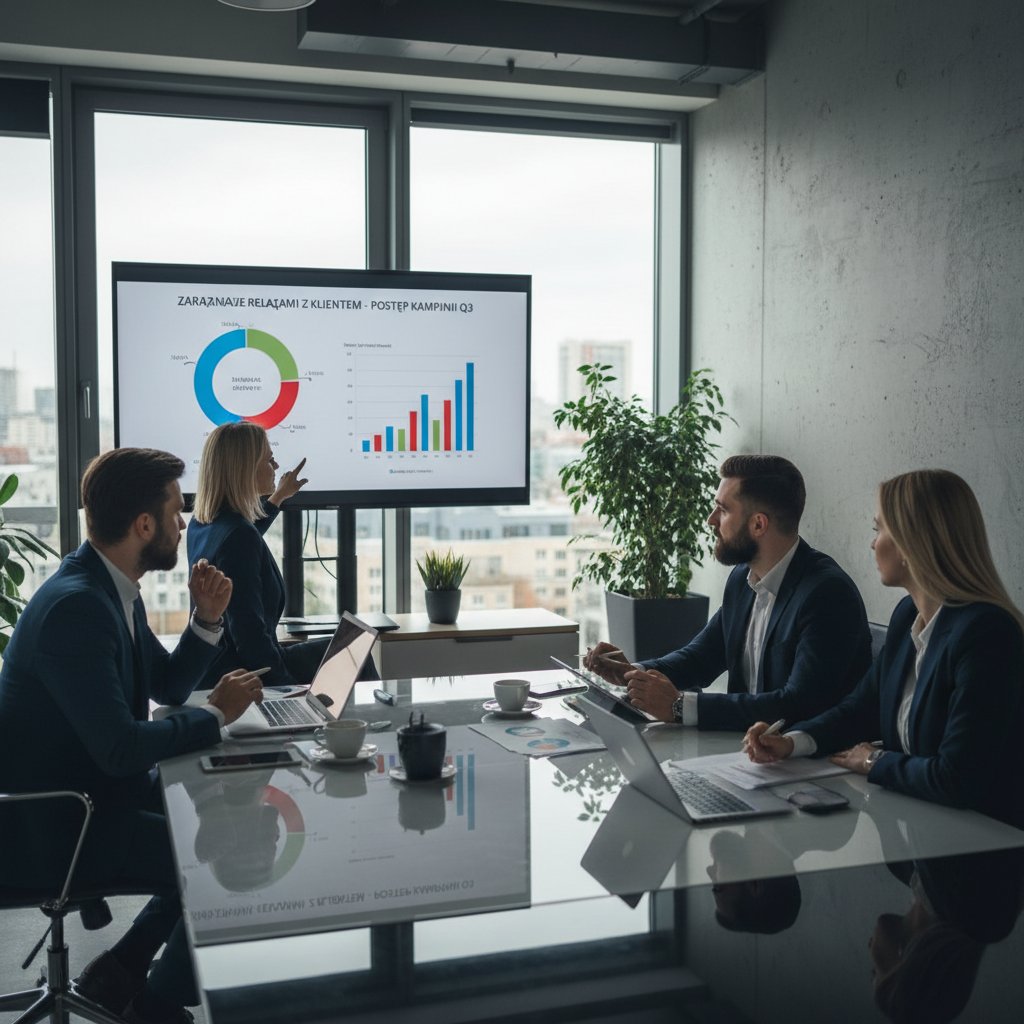 Ludzie w polskim biurze analizujący wdrożenie systemu CRM na laptopie