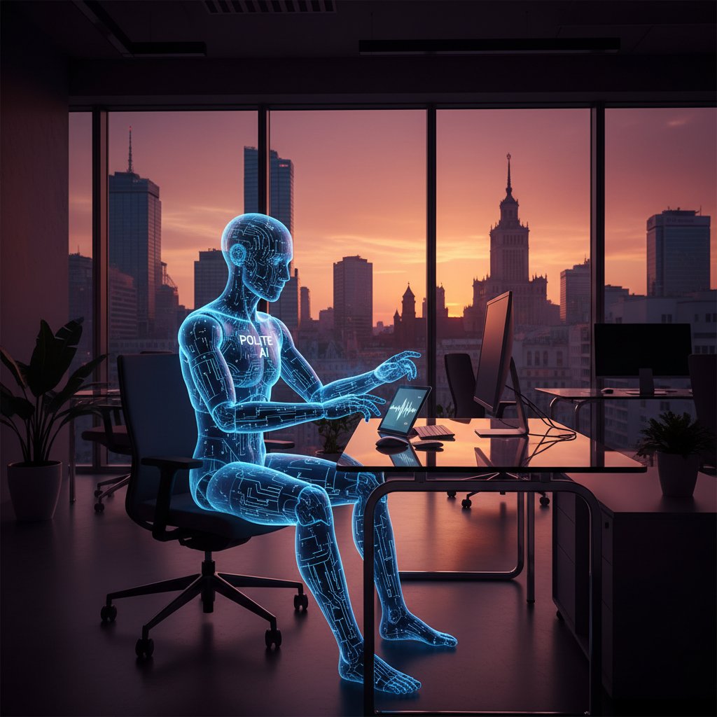 Biuro obsługi klienta AI i człowiek, wieczorne światło, napięta atmosfera, Polska