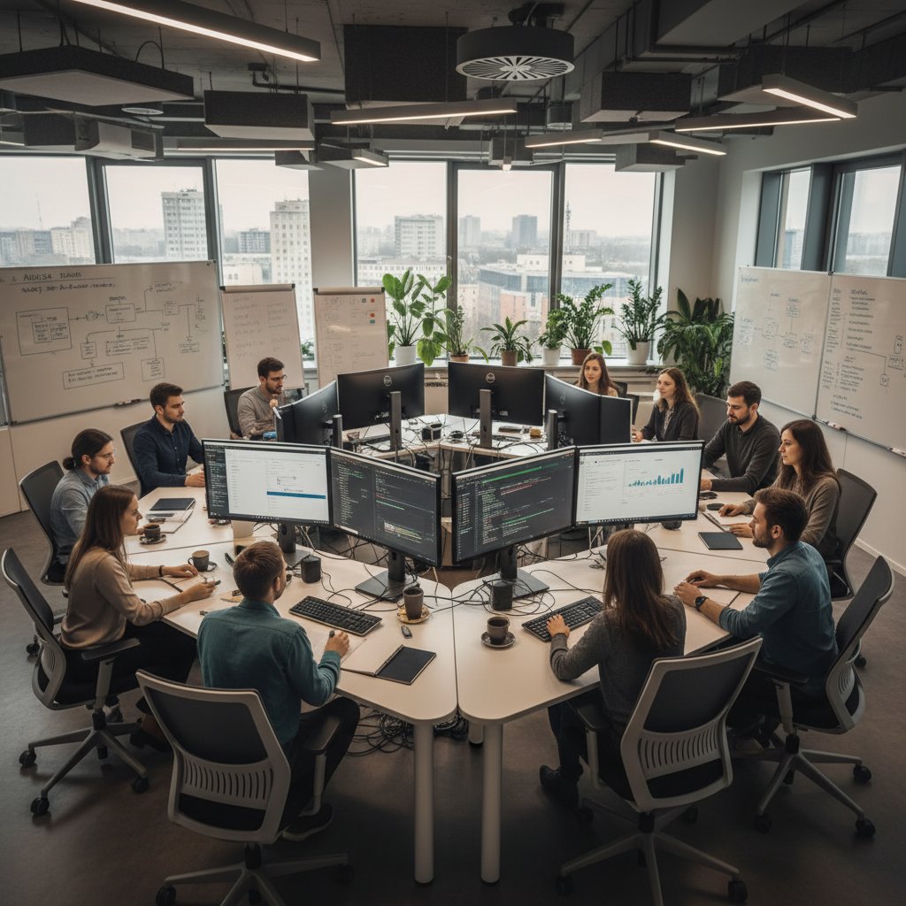 Zespół w polskim biurze pracujący nad analizą danych, napisy po polsku na ekranach