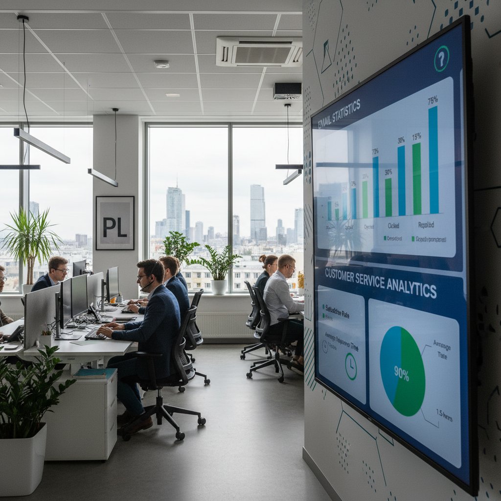 Biuro z ekranami prezentującymi statystyki obsługi klienta przez email w Polsce