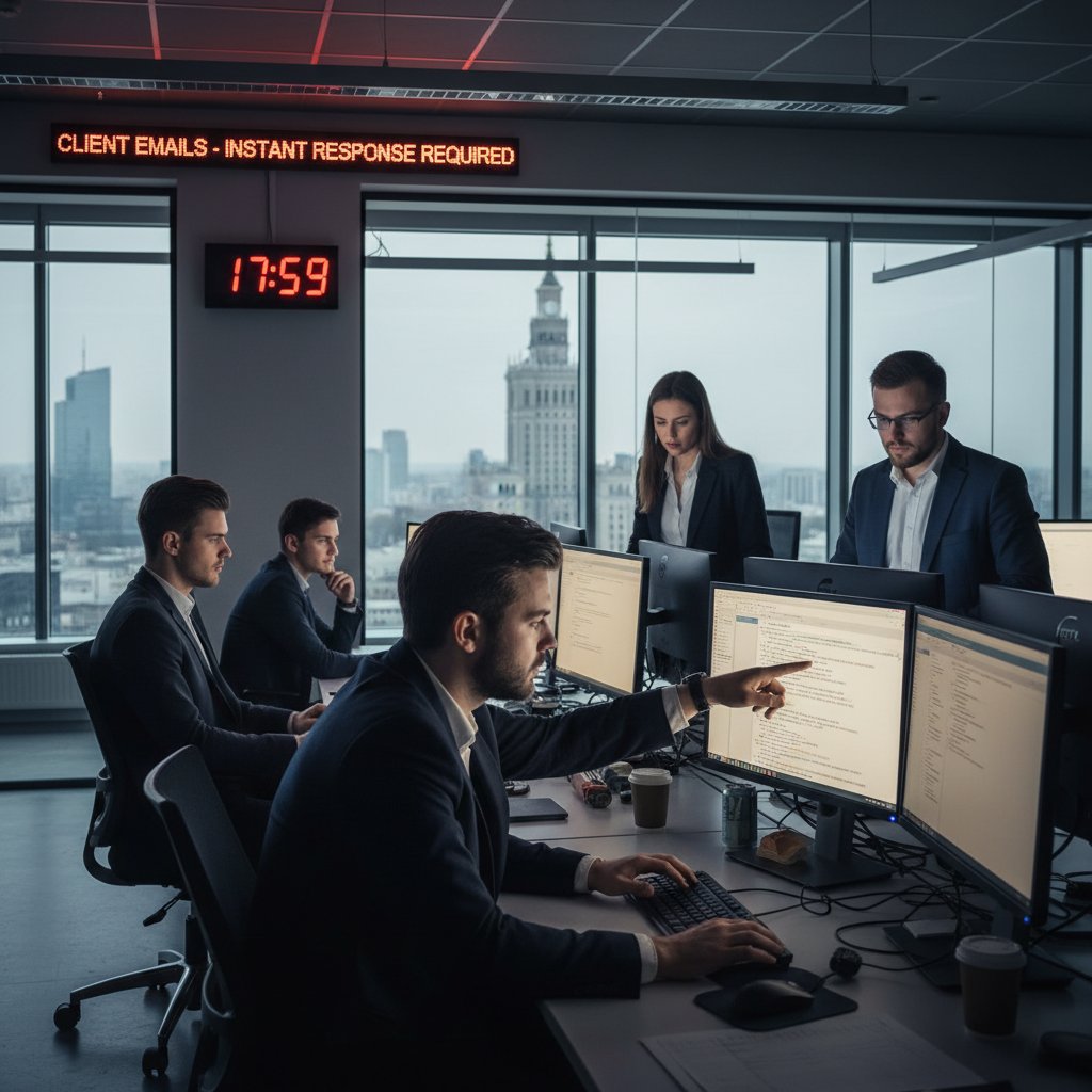 Nowoczesna polska firma przy komputerach, pokazująca kulturę instant i presję czasową