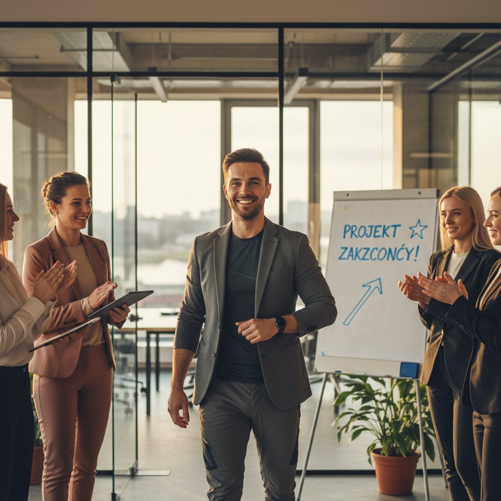 Polskie biuro, osoba z uśmiechem, subtelny strój sportowy, koledzy w tle, poczucie spełnienia