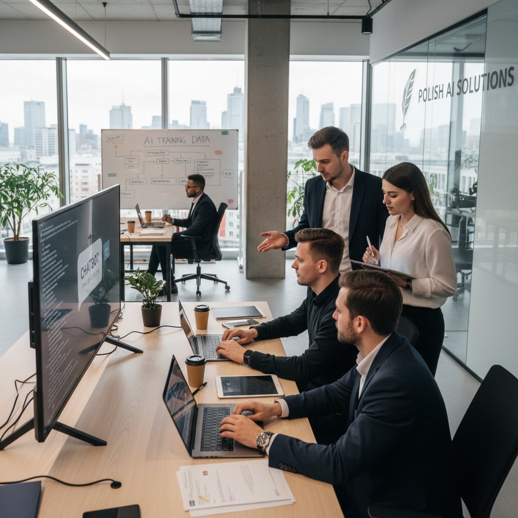 Zespół pracowników w polskim biurze przechodzący szkolenie z wdrożenia chatbotów AI
