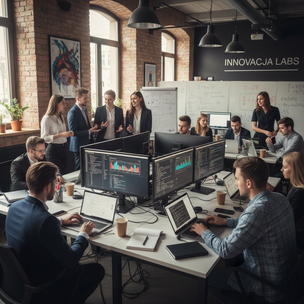 Polskie biuro, młodzi profesjonaliści analizujący dane matematyczne na ekranach