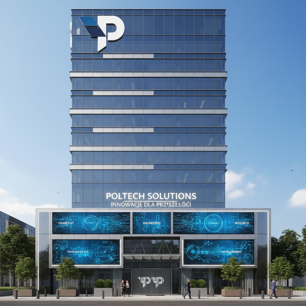 Nowoczesny polski biurowiec z wyrazistym brandingiem i profesjonalną grafiką na witrynie